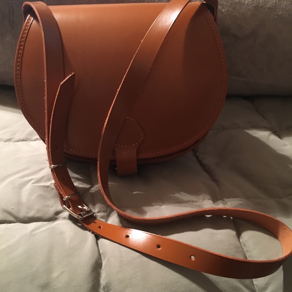 Custom tan leather crossbody saddle bag